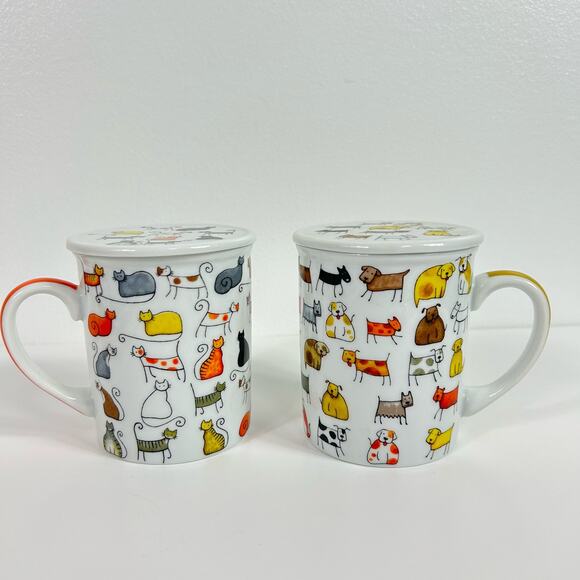 ChaCult Fine Porcelain Matching Cat & Dog Tea Cups Mugs with Lids Set of 2 - Picture 3 of 6